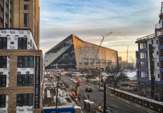 Tony Webster, https://www.flickr.com/people/87296837@N00 Construction progress of the U.S. Bank Stadium (new Minnesota Vikings stadium), as seen from the Haaf Ramp in Downtown East, Minneapolis, Minnesota, on 3 December 2015.